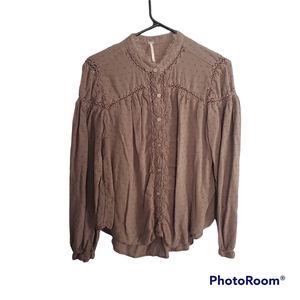 Free People Brown Swiss Dot Button Down Boho Blouse Size Raw Neck Detail Medium
